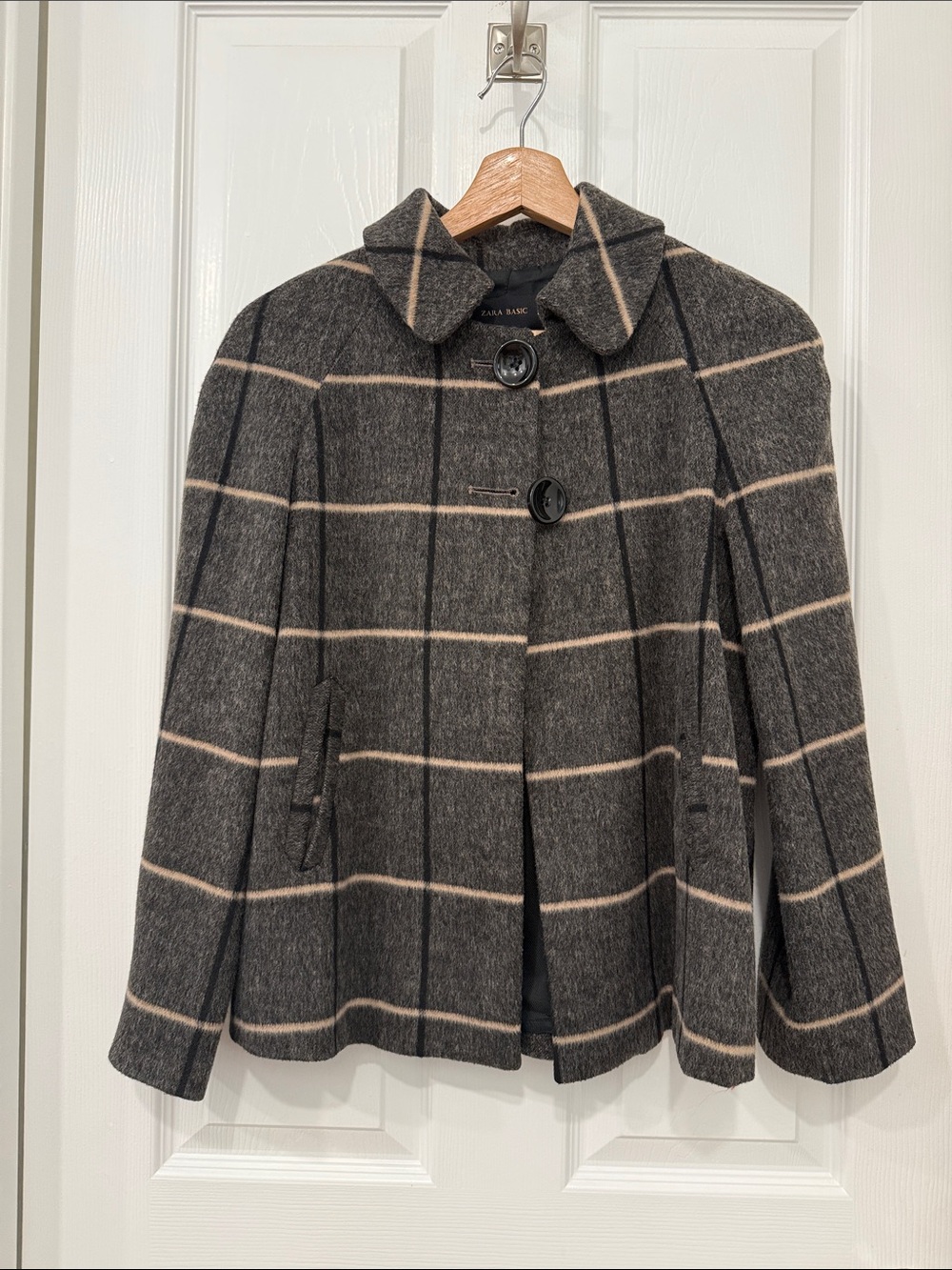 Zara Charcoal Gray Plaid Wool-Blend Pea Coat with Cream Windowpane